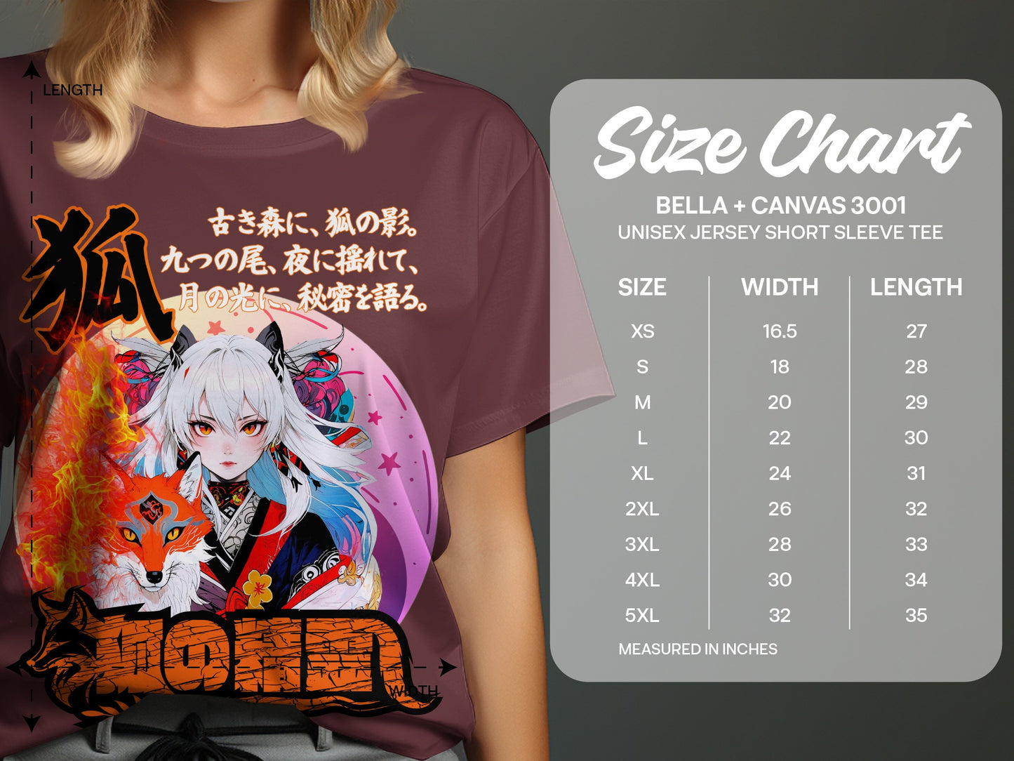 T-shirt with anime girl and fox design, alongside a Bella + Canvas size chart.