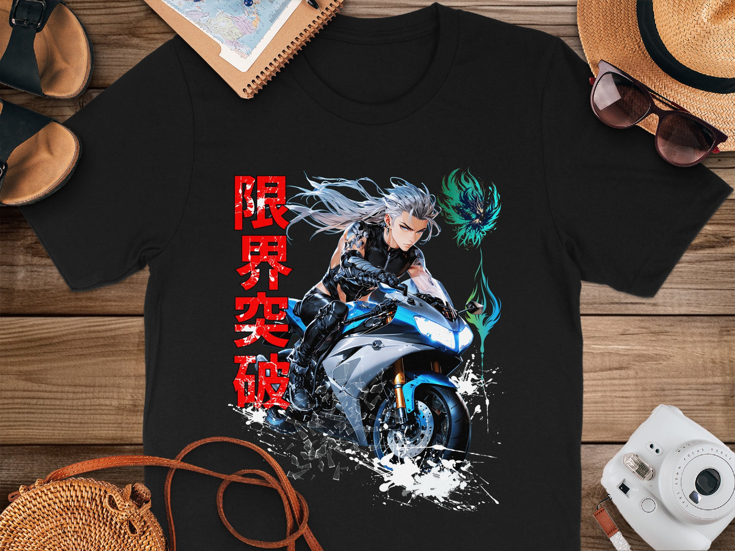 Anime character with white hair on a motorcycle, red Japanese text.