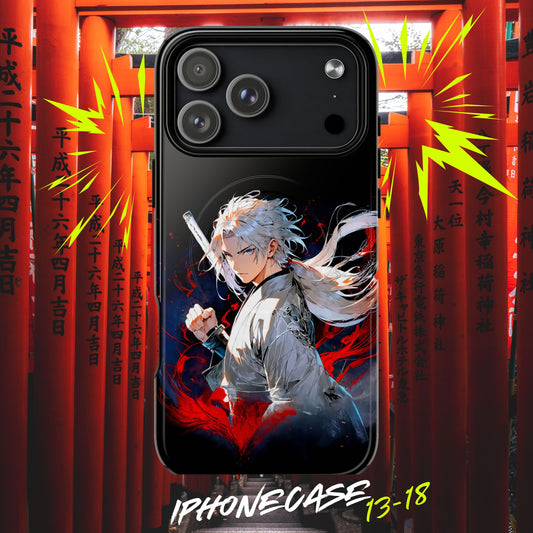 Magnetische Anime-Krieger Handyhülle – personalisierbar mit Namen (DE/EN/JA) für iPhone 13-18