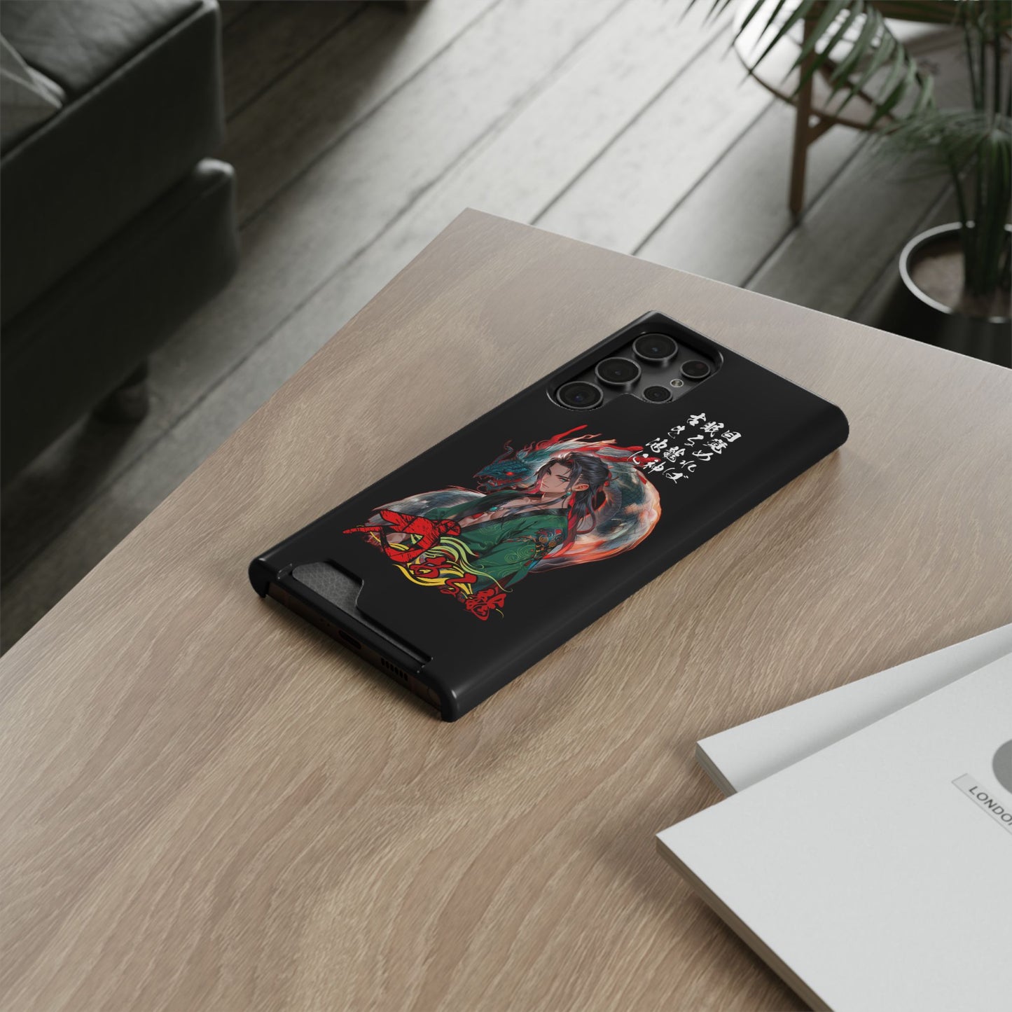 Anime Dragon Warrior Phone Case with Card Holder — Japanese Calligraphy Design