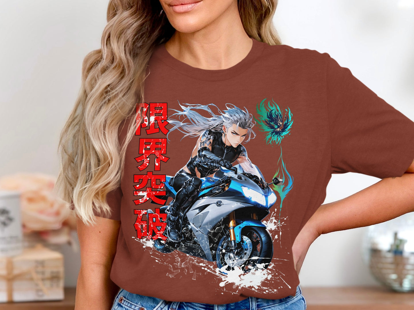 Woman in brown t-shirt with anime biker on motorcycle graphic.