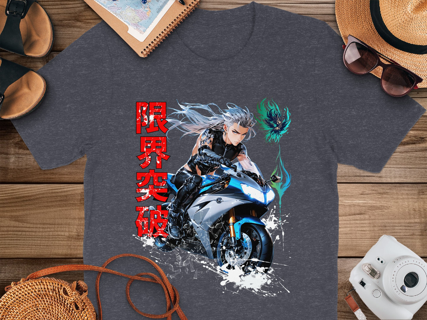 Dark t-shirt featuring anime character on a motorcycle with Japanese text.