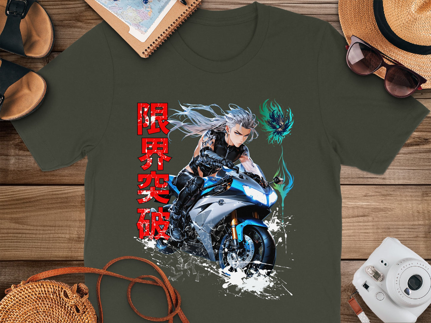 T-shirt featuring anime biker with white hair and Japanese text.