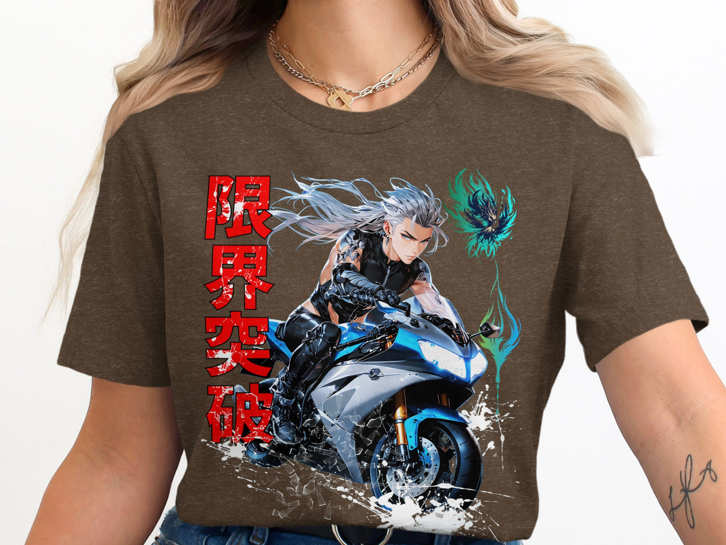 Brown t-shirt with anime biker character and Japanese text.