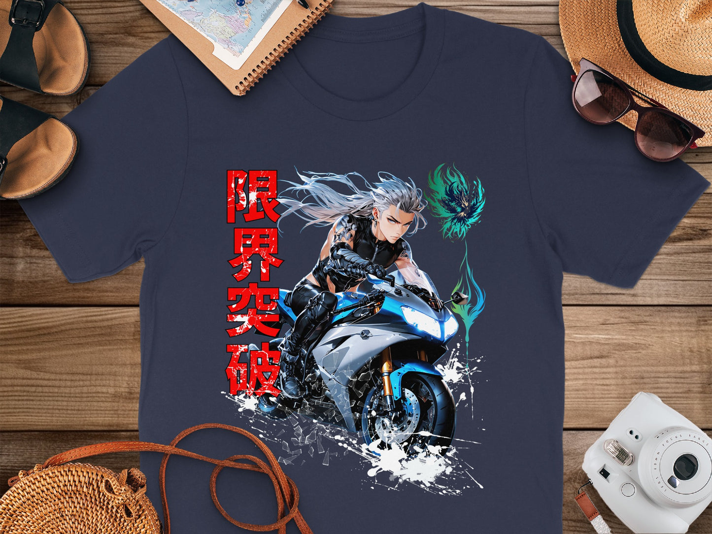 Anime character on motorcycle with kanji text, t-shirt design.