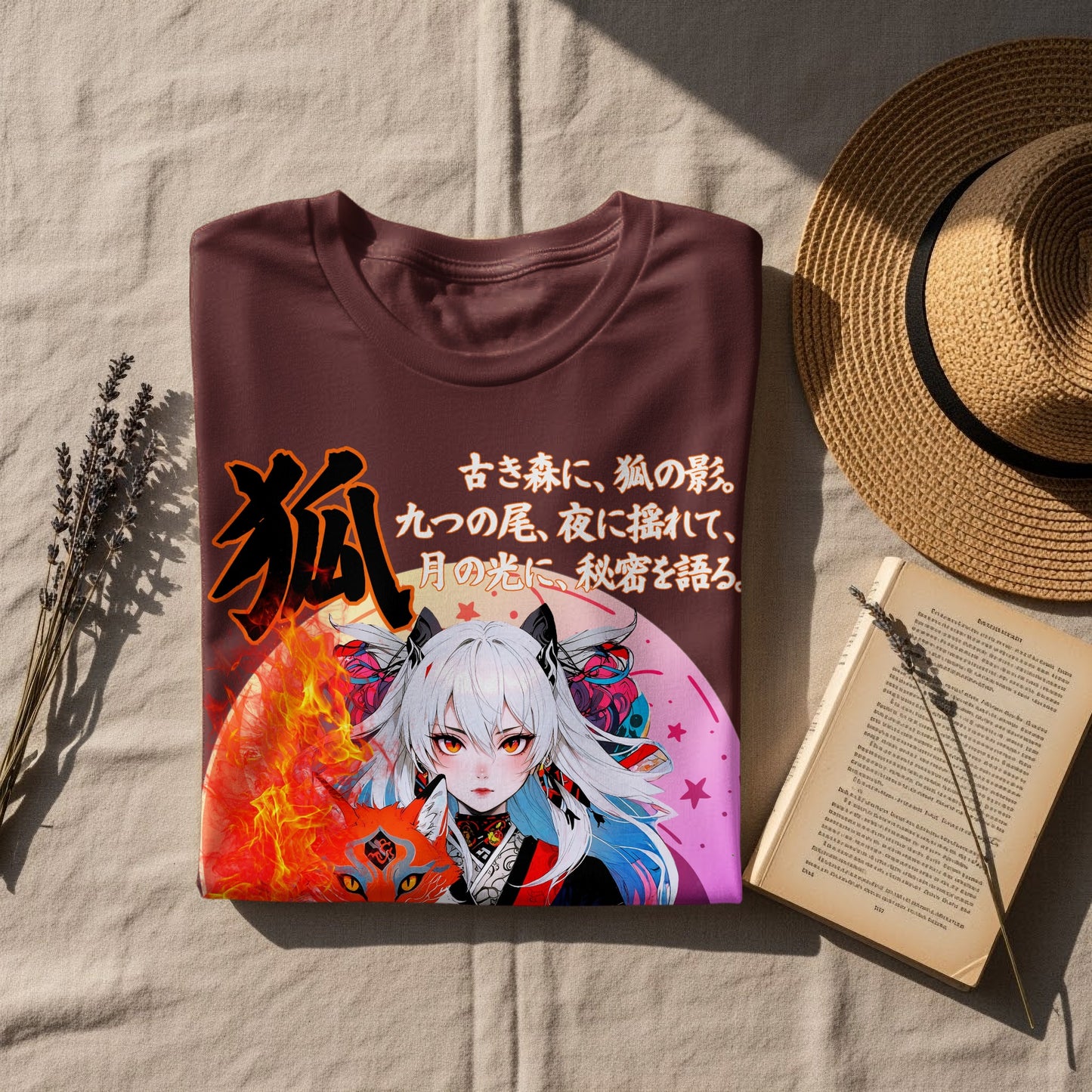 Brown t-shirt with anime fox girl graphic and Japanese text.