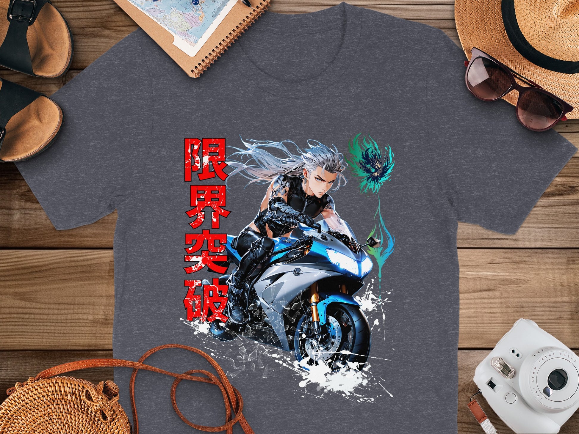 Anime character on a motorcycle with Japanese text.