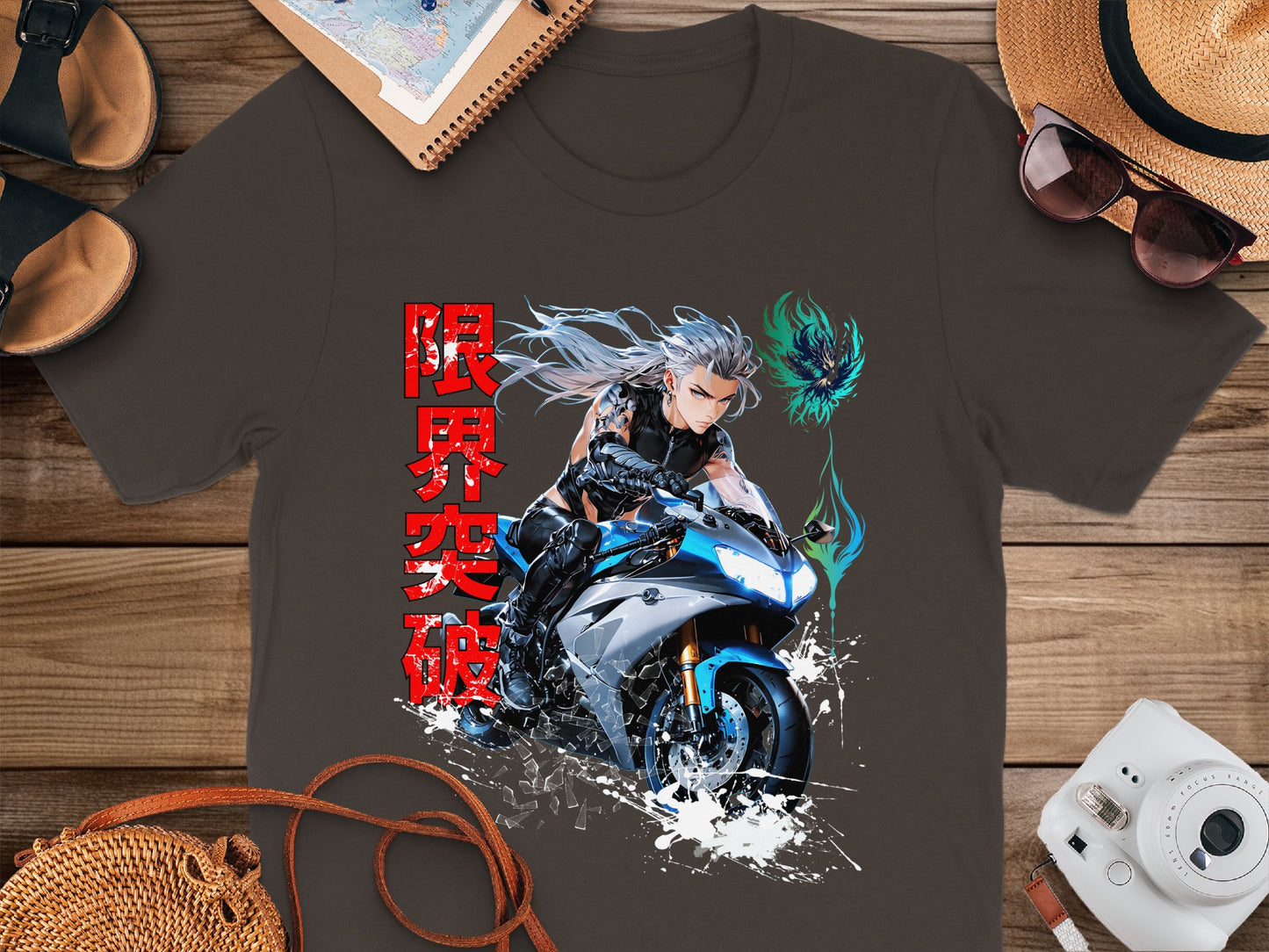 Man with white hair riding a motorcycle with Japanese text and a green dragon.