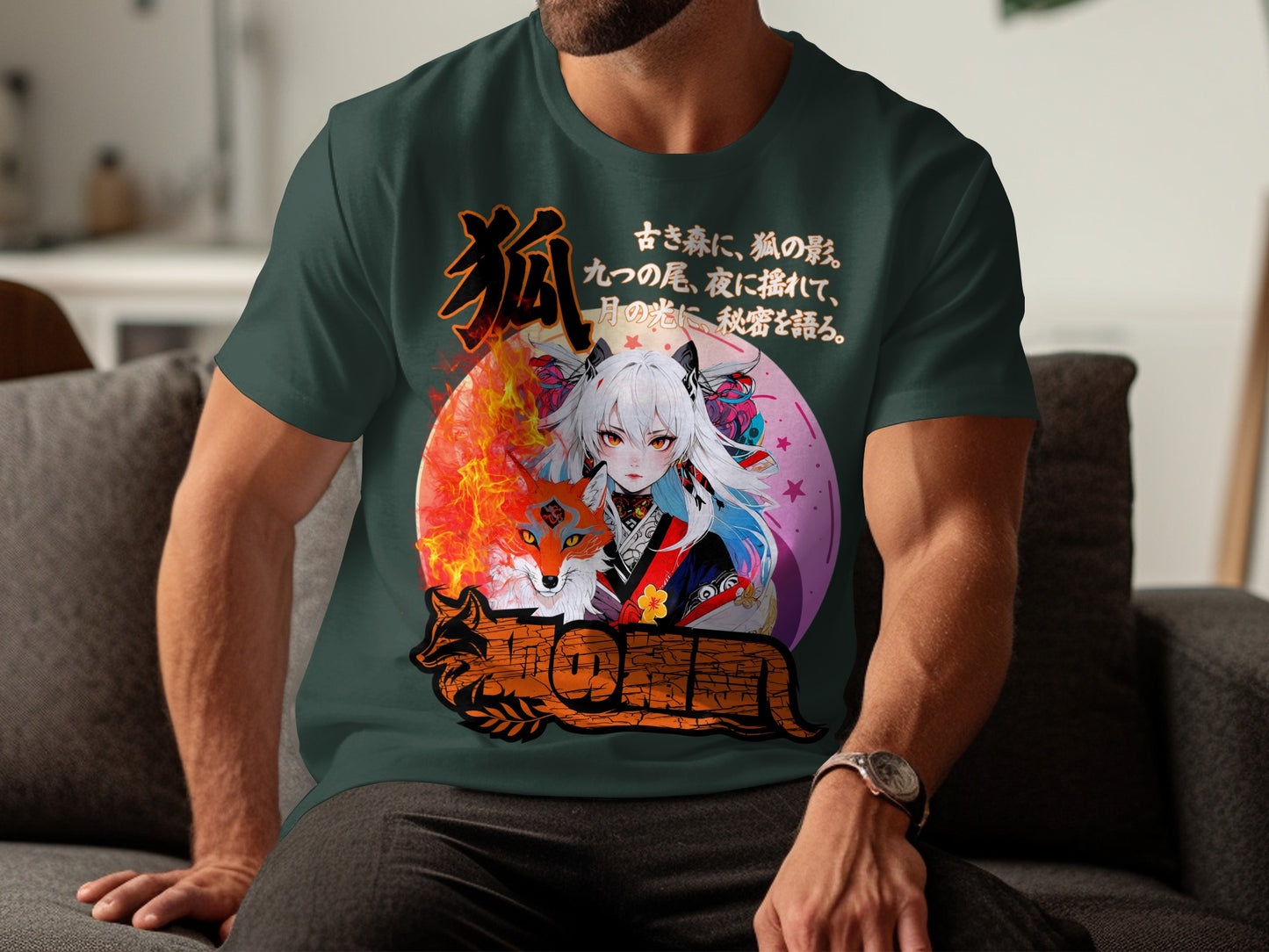 T-shirt with Japanese fox design and text in orange and white.