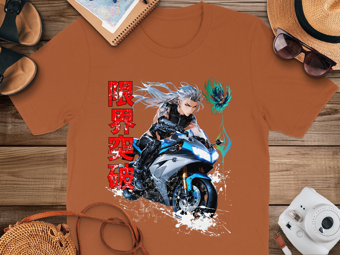 Anime character riding a motorcycle with Japanese text on a rust-colored t-shirt.