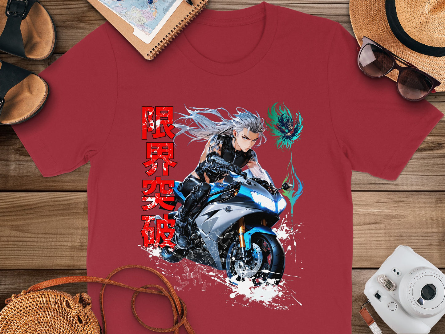 Anime biker with blue motorcycle and Japanese text on red t-shirt.
