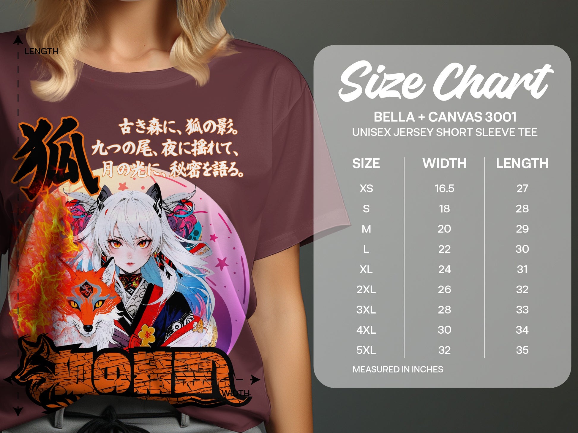 T-shirt with anime girl and fox design, alongside a Bella + Canvas size chart.