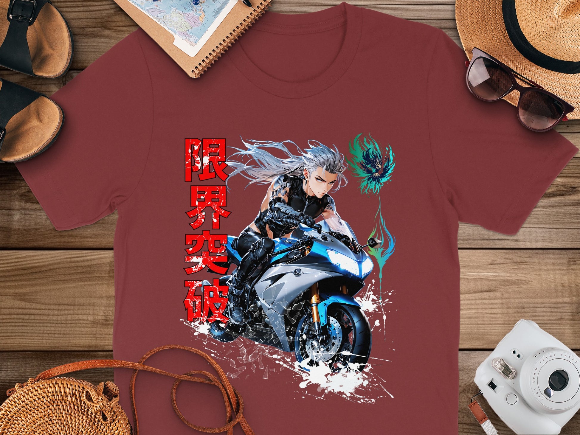 Anime character on motorcycle with red Japanese text.
