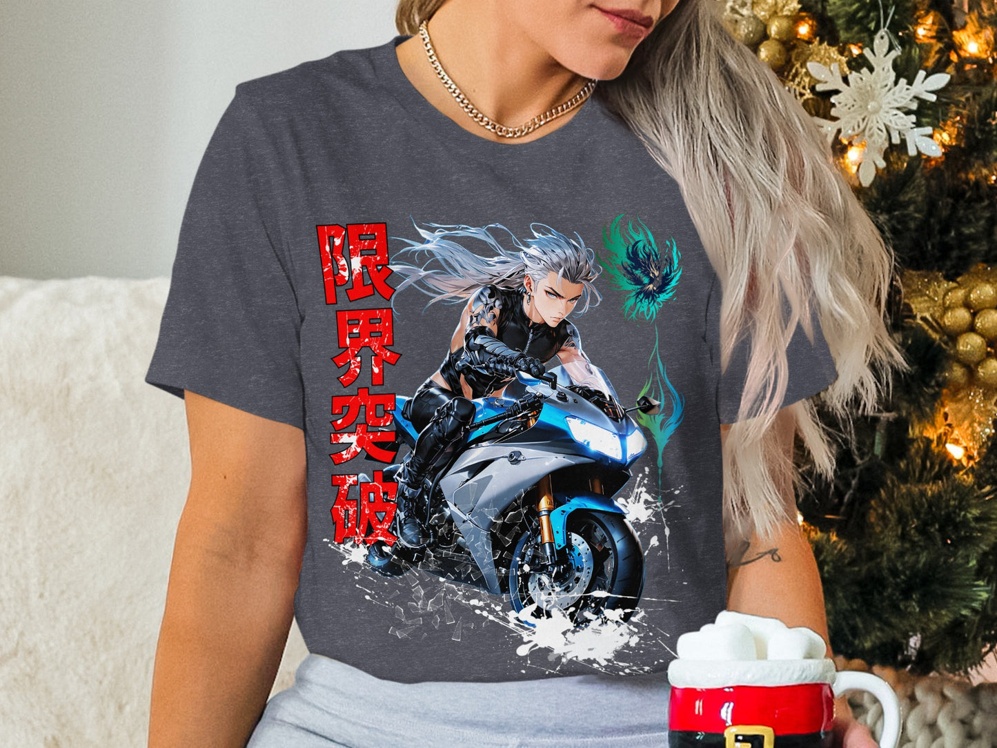 Man with white hair on motorcycle, red Japanese text on dark gray t-shirt.