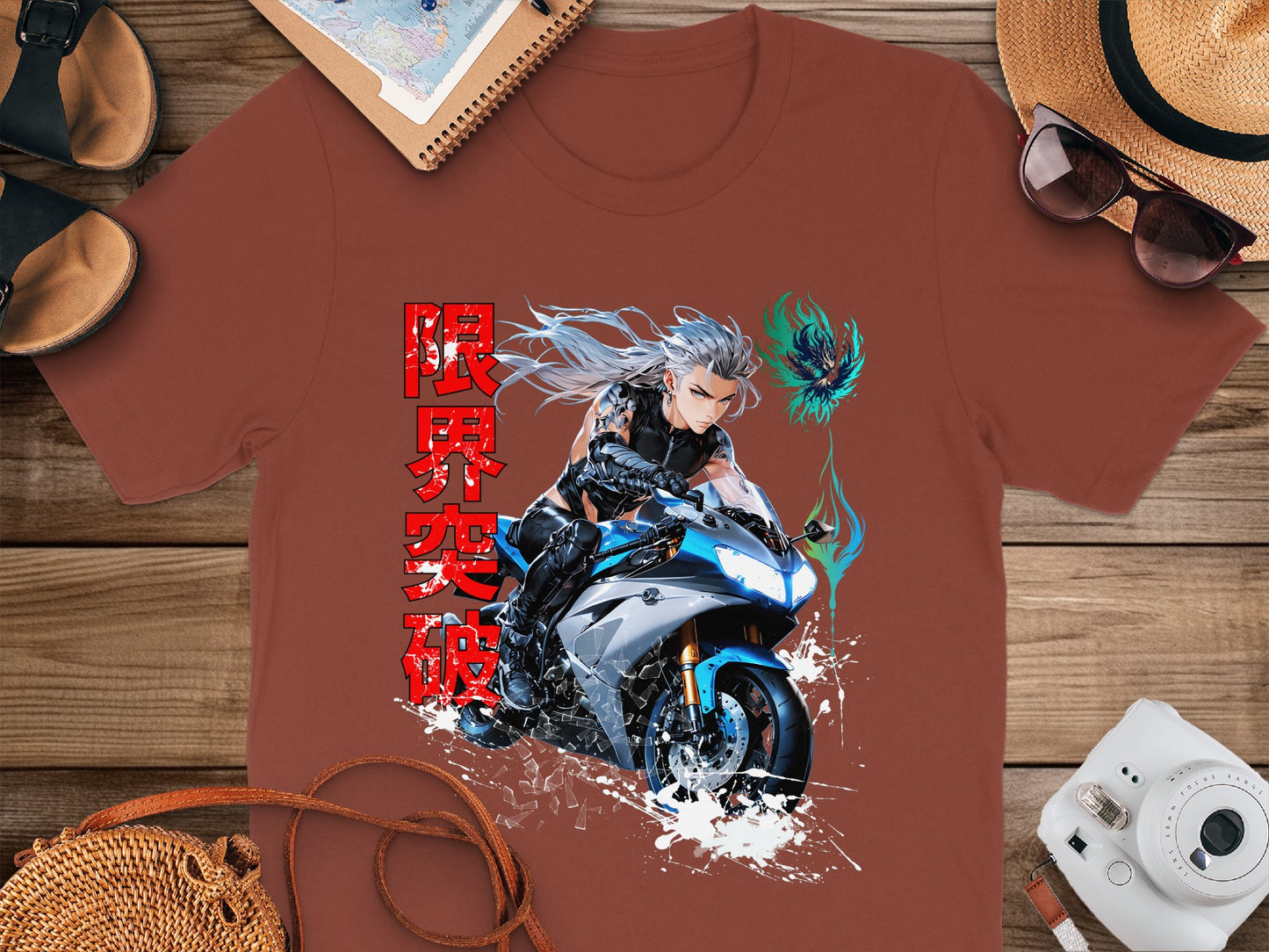 Anime character riding a motorcycle with Japanese text.