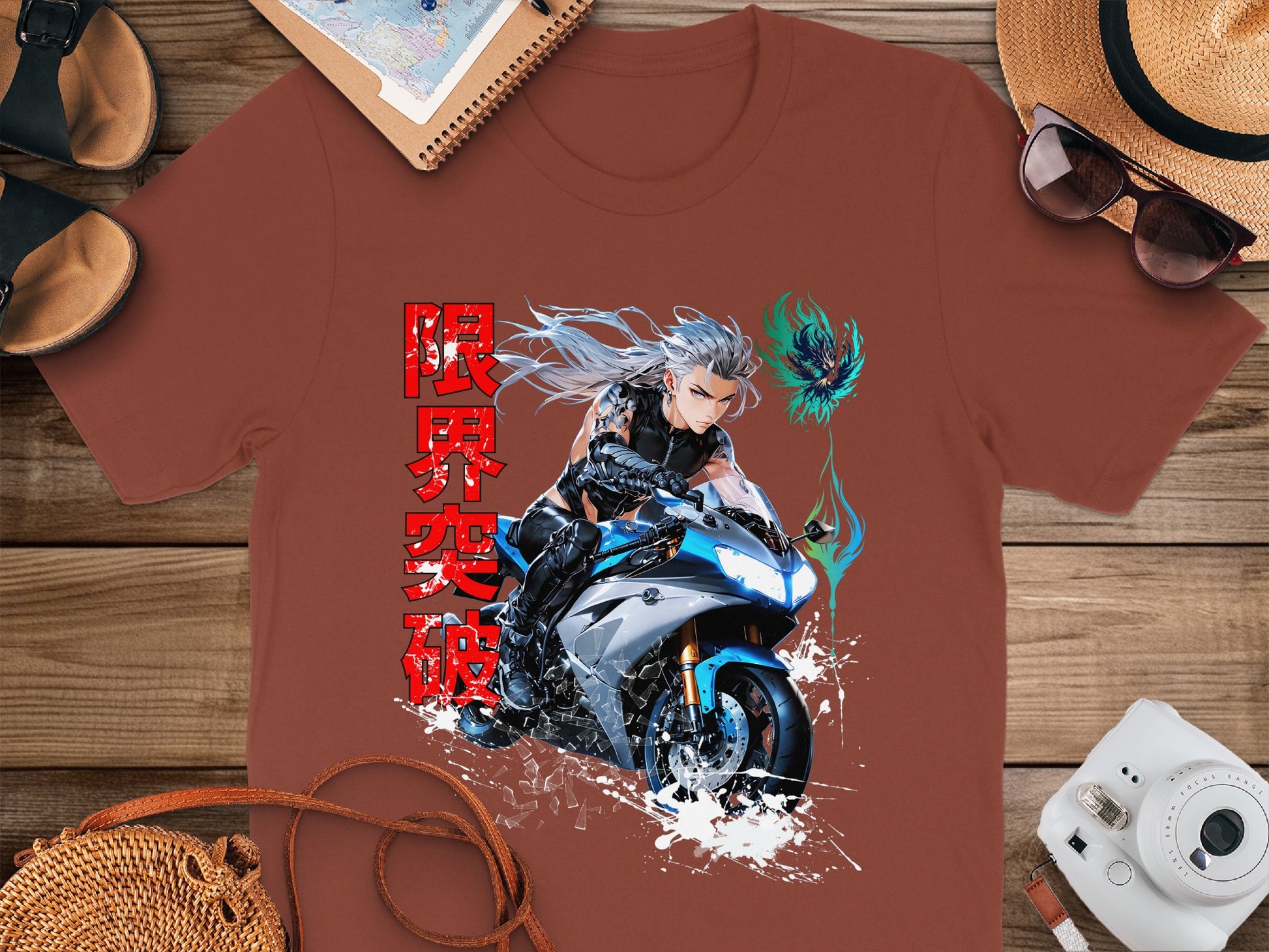 Anime character riding a motorcycle with Japanese text.