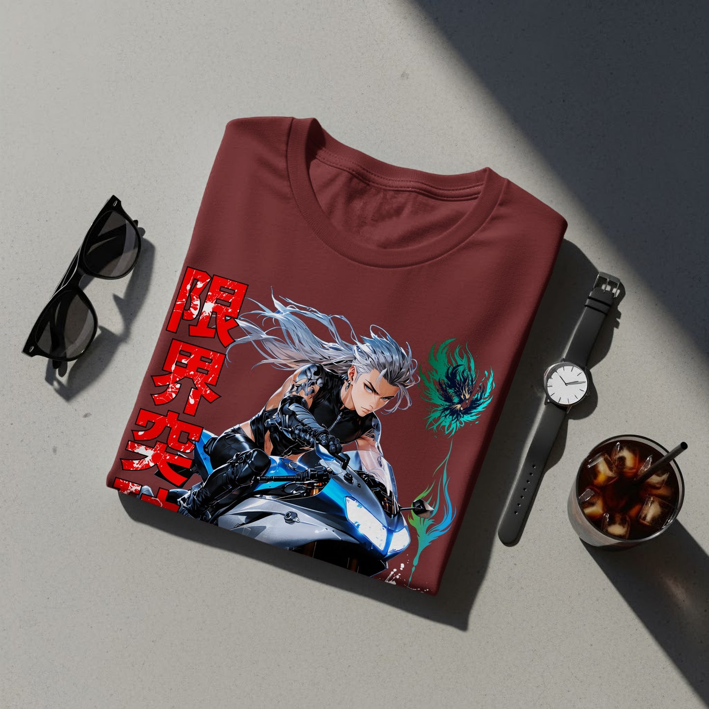 Burgundy t-shirt with anime character on motorcycle and Japanese text.