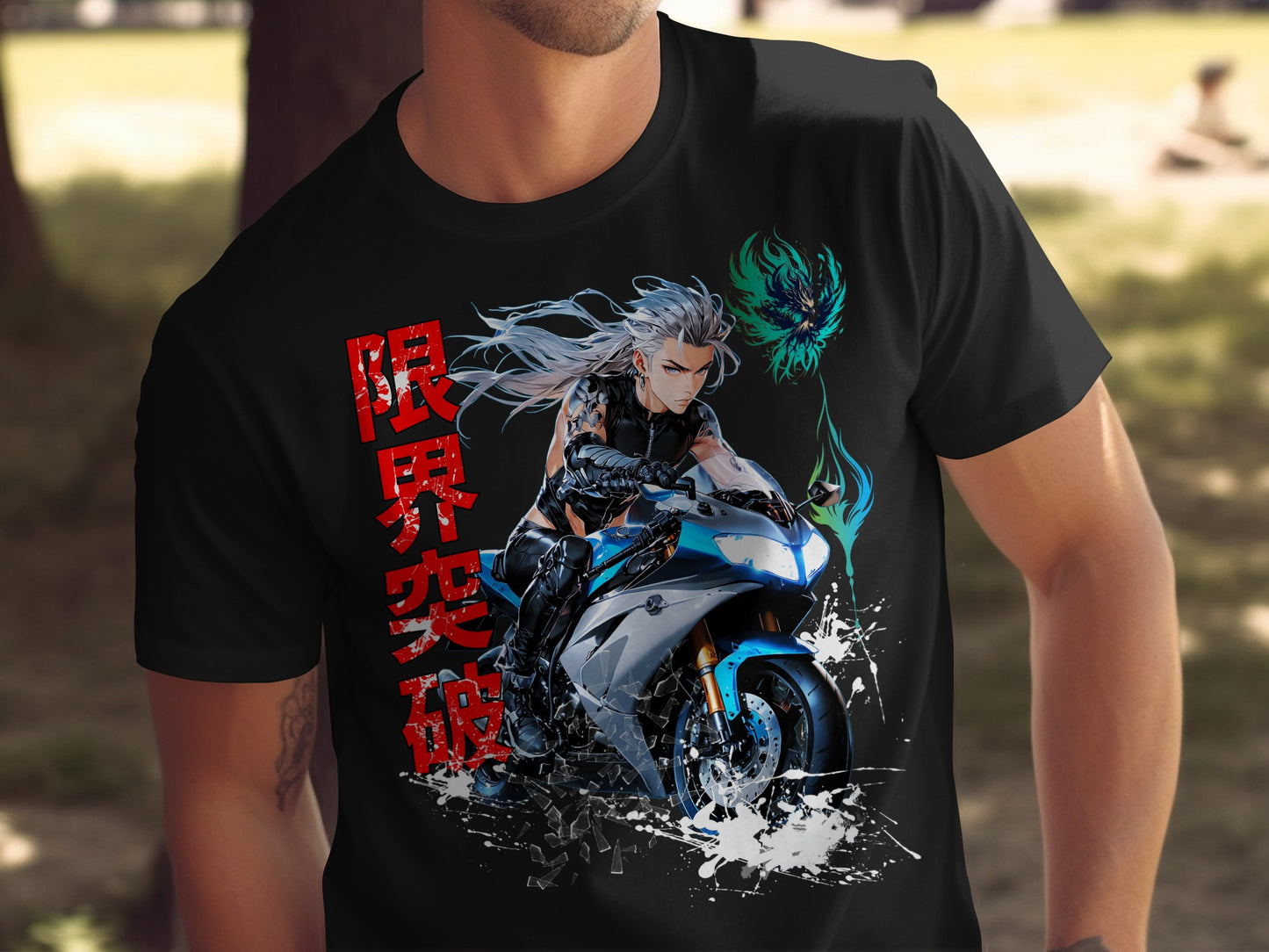 Anime character with flowing hair rides a futuristic motorcycle with red Japanese text.
