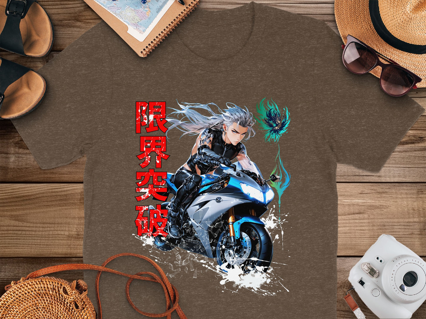 Brown t-shirt with graphic of anime character on motorcycle and Japanese text.
